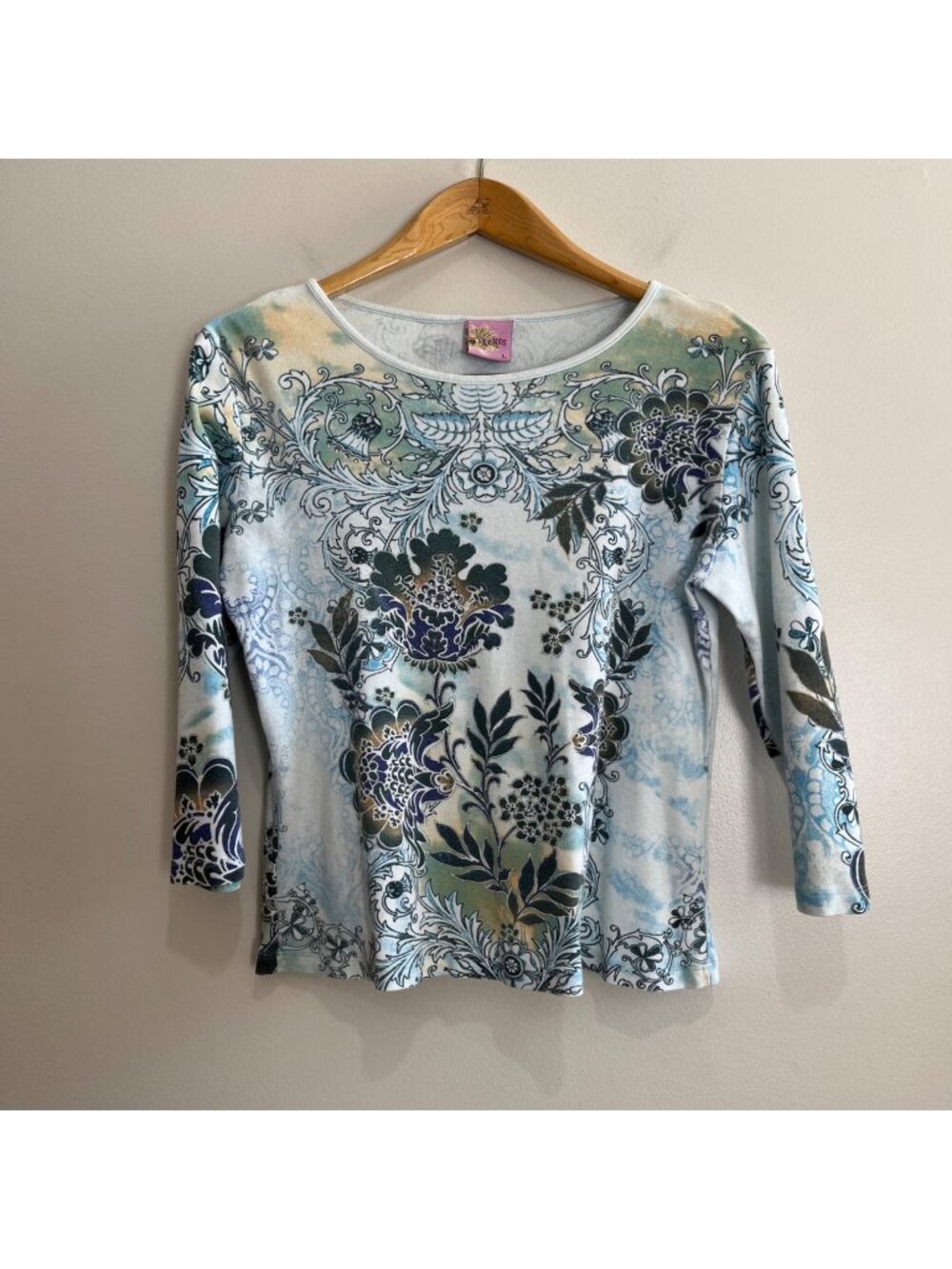 MYKONOS Y2K 3/4 Sleeve Top Womens L Blue Floral Ornate Print Embellished